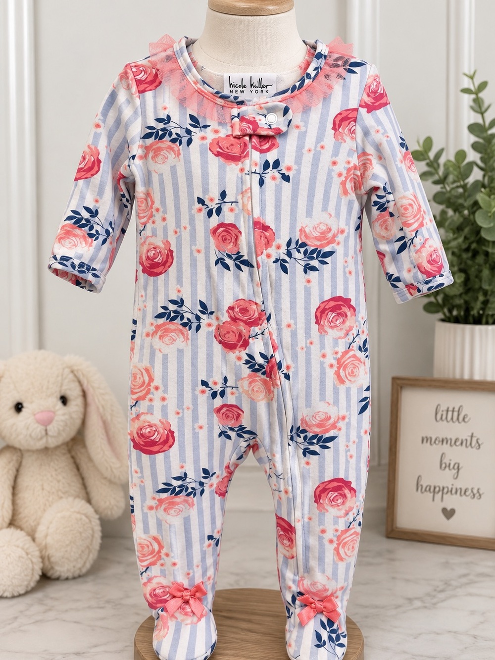 Nicole Miller Pink and Blue Rose-Print Footed One-Piece